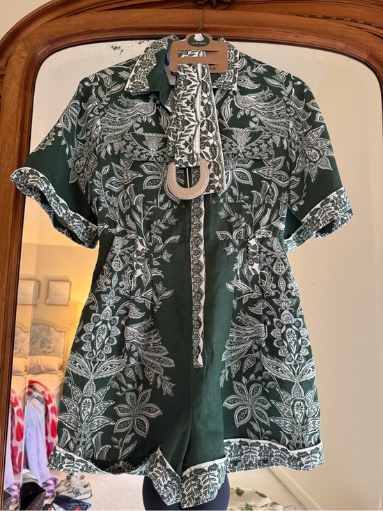 Farm Rio Green Floral Print Short Sleeve Romper with Tie Belt-small